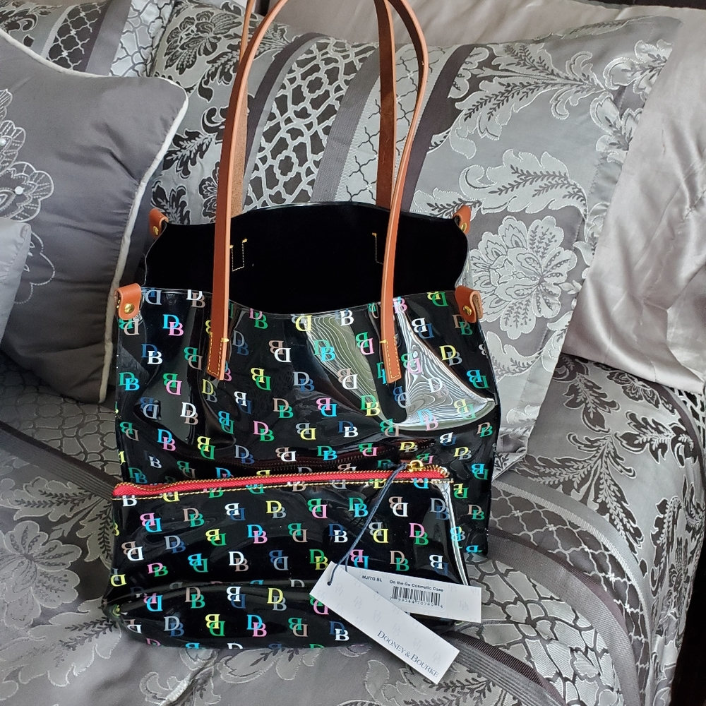 Dooney & Bourke Signature Black Charleston Shopper with Matching Cosmetic Case